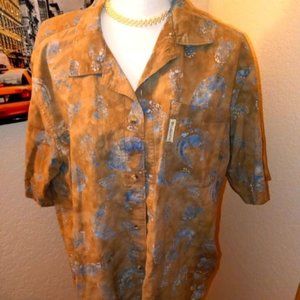 Columbia SportsWear Button Down Short Sleeve Mens Tan/Blue Design-Size Large